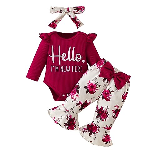 Odizli Baby Kleidung Mädchen Langarm Rüschen Strampler Body + Hose + Stirnband 3tlg Bekleidungssets Neugeborene Erstausstattung Babysachen Set Herbst Winter Babykleidung Weinrot Blume 0-3 Monate von Odizli