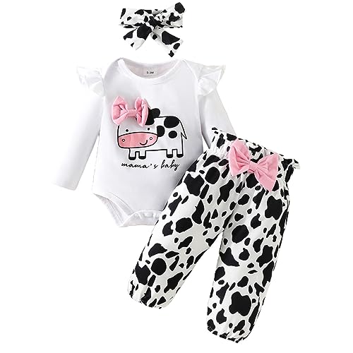 Odizli Baby Kleidung Mädchen Langarm Rüschen Strampler Body + Hose + Stirnband 3tlg Bekleidungssets Neugeborene Erstausstattung Babysachen Set Herbst Winter Babykleidung Weiß Kuh 9-12 Monate von Odizli