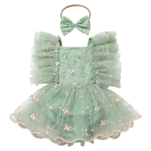 Odizli Baby M�dchen Kleid Sommer R�schen Fl�gel�rmel Blume Stickerei Strampler T�llkleid+Stirnband Erster 1. Geburtstag Outfit Neugeborene Erstausstattung Babysachen Babykleidung Gr�n 6-9 Monate von Odizli