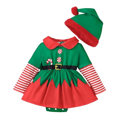 Odizli Baby Weihnachtsoutfit M�dchen Neugeborenes Herbst Winter Elf Geist Gestreiftes Langarm Strampler Kleid + Hut My First Christmas Outfit Mein Erstes Weihnachten Party Kleidung Gr�n 6-12 Monate von Odizli