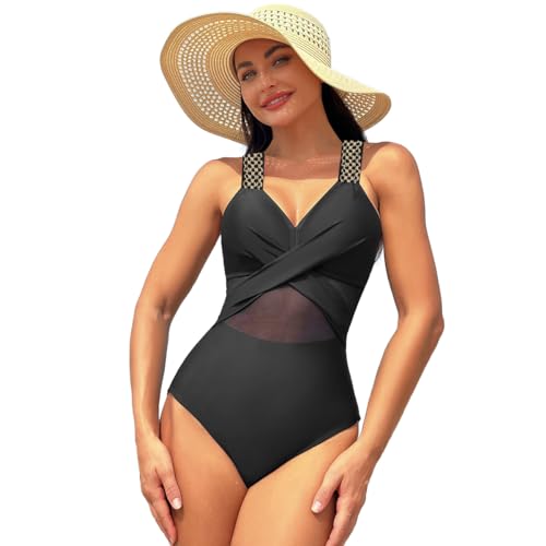 Odizli Badeanzug Damen Bauchweg Sexy V Ausschnitt Mesh Shaping Effekt Monokini Swimsuit Große Oberweite Push Up Schwimmanzug mit Cups Bügel Bademode Einteiler Sommer Strandmode Schwarz-B XXL von Odizli