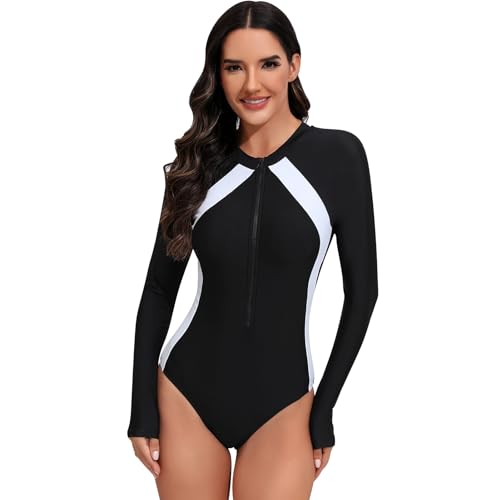 Odizli Badeanzug Damen Bauchweg Sport Langarm Reißverschluss Blume Badeanzüge mit Cups Schwimmanzug Frauen UPF 50+ Rashguard Bademode Einteiler Strandmode Surfanzug Kurz Neoprenanzug Weiß S von Odizli