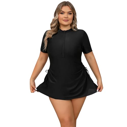 Odizli Badeanzug Damen Gro�e Gr��e f�r Mollige Frauen Sport Bauchweg Schwimmanzug mit Bein Kurzarm/�rmellos Blumen Druck Neopren Kurz Neoprenanzug Rashguard Surfer Bademode Surfanzug Schwarz-C 4XL von Odizli