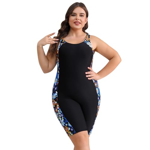 Odizli Badeanzug Damen Große Größe für Mollige Frauen Sport Bauchweg Schwimmanzug mit Bein Kurzarm/Ärmellos Blumen Druck Neopren Kurz Neoprenanzug Rashguard Surfer Bademode Surfanzug Blume 4XL von Odizli