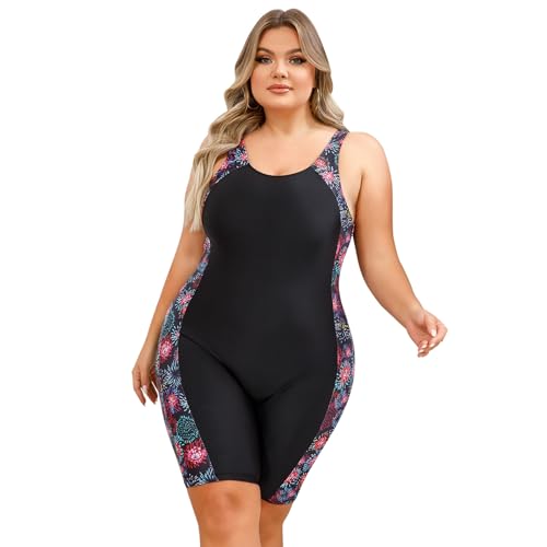 Odizli Badeanzug Damen Große Größe für Mollige Frauen Sport Bauchweg Schwimmanzug mit Bein Kurzarm/Ärmellos Blumen Druck Neopren Kurz Neoprenanzug Rashguard Surfer Bademode Surfanzug Feuerwerk L von Odizli