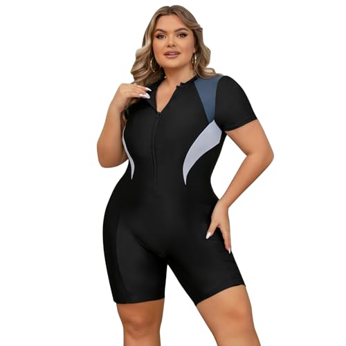 Odizli Badeanzug Damen Große Größe für Mollige Frauen Sport Bauchweg Schwimmanzug mit Bein Kurzarm/Ärmellos Blumen Druck Neopren Kurz Neoprenanzug Rashguard Surfer Bademode Surfanzug Grau 4XL von Odizli