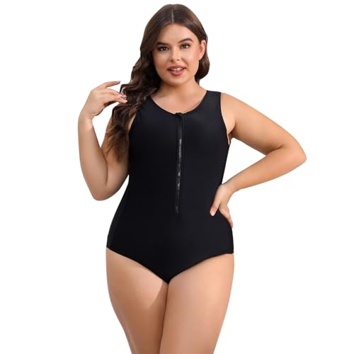 Odizli Badeanzug Damen Große Größe für Mollige Frauen Sport Bauchweg Schwimmanzug mit Bein Kurzarm/Ärmellos Blumen Druck Neopren Kurz Neoprenanzug Rashguard Surfer Bademode Surfanzug Schwarz-A 3XL von Odizli