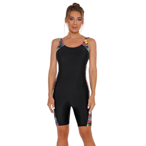 Odizli Badeanzug Damen mit Bein Cups Sport Ärmellos Push Up Bauchweg Schwimmanzug Badeanzüge Frauen Sommer Burkini Rashguard Bademode Neopren Strandmode Women Sun Permeable Swimsuit Schwarz Gelb XL von Odizli
