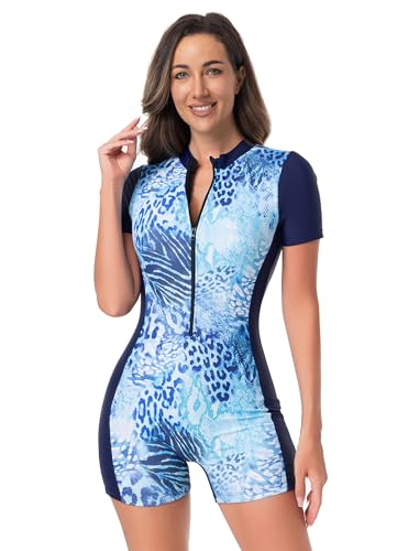 Odizli Badeanzug Damen mit Bein Kurzarm Reissverschluss Sport Bauchweg Schwimmanzug Badeanzüge mit Cups Frauen Muslim Burkini Bademode Neopren Kurz Neoprenanzug Surfanzug Große Größe Meer Blau XXL von Odizli