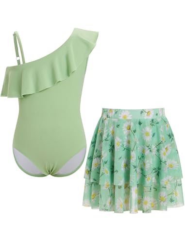 Odizli Badeanzug M�dchen Kinder Sommer One Shoulder Hawaii Blume Einteiler Badeanz�ge mit Rock Schwimmrock Zweiteiler Set Badekleid Schwimmanzug Schwimmkleid Bademode Strandmode Gr�n 11-12 Jahre von Odizli