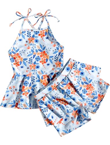 Odizli Badeanzug Mädchen Kinder Boho Hawaiian Blumen Ärmellos Spaghettiträger Rüschen Top + Badeshorts Badehose Tankini Zweiteiler Bademode Schwimmanzug Sommer Strandmode Blau Orange 4-5 Jahre von Odizli