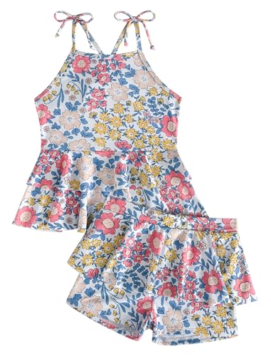 Odizli Badeanzug Mädchen Kinder Boho Hawaiian Blumen Ärmellos Spaghettiträger Rüschen Top + Badeshorts Badehose Tankini Zweiteiler Bademode Schwimmanzug Sommer Strandmode Gelb 7-8 Jahre von Odizli