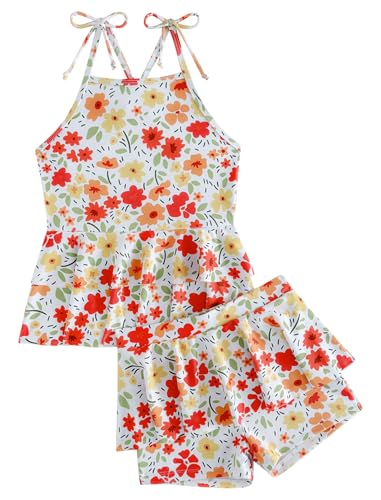 Odizli Badeanzug Mädchen Kinder Boho Hawaiian Blumen Ärmellos Spaghettiträger Rüschen Top + Badeshorts Badehose Tankini Zweiteiler Bademode Schwimmanzug Sommer Strandmode Gelb Rot 4-5 Jahre von Odizli