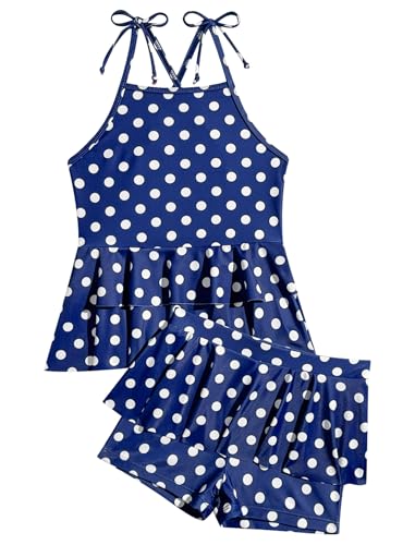 Odizli Badeanzug Mädchen Kinder Boho Hawaiian Blumen Ärmellos Spaghettiträger Rüschen Top + Badeshorts Badehose Tankini Zweiteiler Bademode Schwimmanzug Sommer Strandmode Marineblau 7-8 Jahre von Odizli