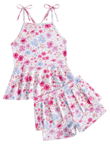 Odizli Badeanzug Mädchen Kinder Boho Hawaiian Blumen Ärmellos Spaghettiträger Rüschen Top + Badeshorts Badehose Tankini Zweiteiler Bademode Schwimmanzug Sommer Strandmode Rosa 7-8 Jahre von Odizli