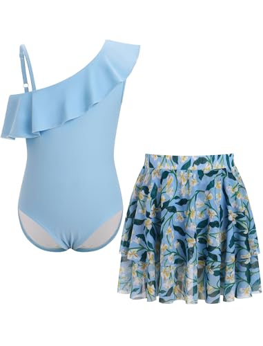 Odizli Badeanzug Mädchen Kinder Sommer One Shoulder Hawaii Blume Einteiler Badeanzüge mit Rock Schwimmrock Zweiteiler Set Badekleid Schwimmanzug Schwimmkleid Bademode Strandmode Blau 11-12 Jahre von Odizli