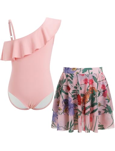 Odizli Badeanzug Mädchen Kinder Sommer One Shoulder Hawaii Blume Einteiler Badeanzüge mit Rock Schwimmrock Zweiteiler Set Badekleid Schwimmanzug Schwimmkleid Bademode Strandmode Hellrosa 13-14 Jahre von Odizli
