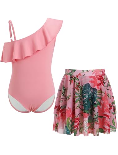 Odizli Badeanzug Mädchen Kinder Sommer One Shoulder Hawaii Blume Einteiler Badeanzüge mit Rock Schwimmrock Zweiteiler Set Badekleid Schwimmanzug Schwimmkleid Bademode Strandmode Rosa 13-14 Jahre von Odizli