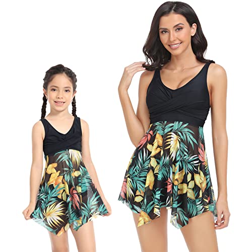 Odizli Badekleid Damen Große Größe Badeanzug Mädchen Frauen Blume Druck Bade Tankini Oberteil mit Bein Shorts Bauchweg Bademode Partnerlook Mutter Tochter Matching Outfits Schwarz 03 S von Odizli