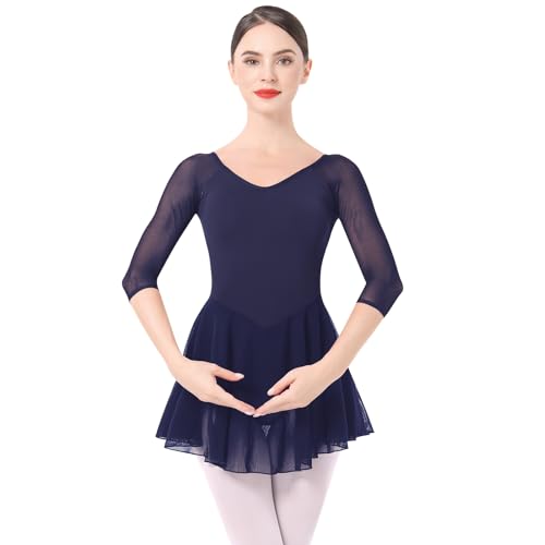 Odizli Ballettkleidung Damen 3/4 Ärmel U Rücken Ballett Trikot Body Bodysuit Tanzbody Tanztrikot Turnanzug Ballerina Gymnastikanzug Chiffon Tütü Ballettrock Ballettkleid Dunkelblau M von Odizli