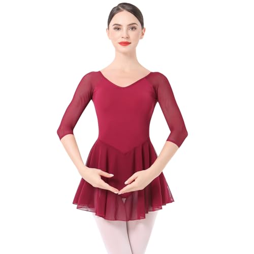 Odizli Ballettkleidung Damen 3/4 Ärmel U Rücken Ballett Trikot Body Bodysuit Tanzbody Tanztrikot Turnanzug Ballerina Gymnastikanzug Chiffon Tütü Ballettrock Ballettkleid Rot L von Odizli