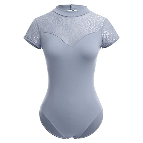 Odizli Ballettkleidung Damen Kurzarm V-Ausschnitt Spitze Rückenfrei Body Bodysuit Ballett Trikot Tanzbody Tanztrikot Turnanzug Ballerina Gymnastikanzug mit BH-Pad Blaugrau #1 S von Odizli