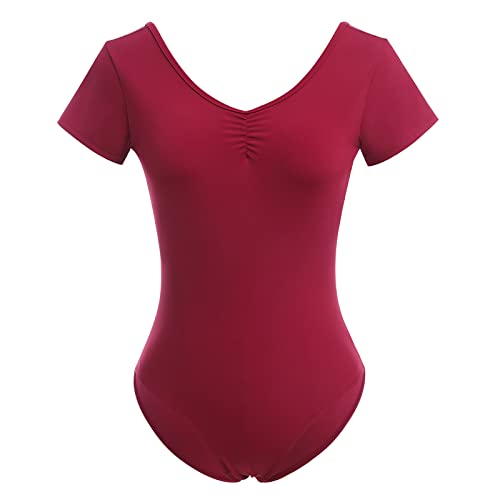 Odizli Ballettkleidung Damen Kurzarm V-Ausschnitt Spitze Rückenfrei Body Bodysuit Ballett Trikot Tanzbody Tanztrikot Turnanzug Ballerina Gymnastikanzug mit BH-Pad Burgund M von Odizli