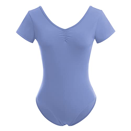 Odizli Ballettkleidung Damen Kurzarm V-Ausschnitt Spitze Rückenfrei Body Bodysuit Ballett Trikot Tanzbody Tanztrikot Turnanzug Ballerina Gymnastikanzug mit BH-Pad Hellblau M von Odizli