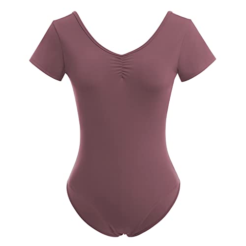 Odizli Ballettkleidung Damen Kurzarm V-Ausschnitt Spitze Rückenfrei Body Bodysuit Ballett Trikot Tanzbody Tanztrikot Turnanzug Ballerina Gymnastikanzug mit BH-Pad Kaffee M von Odizli