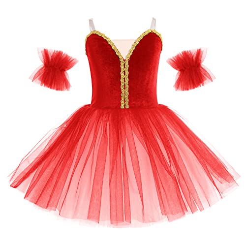 Odizli Ballettkleidung Mädchen Kinder Ärmellos V-Ausschnitt Ballettkleid Tanzbody Prinzessin Tutu Tüllkleid Ballettanzug Balletttrikot Balettkleider Ballerina Kleider Tanzkleid Rot Samt 11-12 Jahre von Odizli