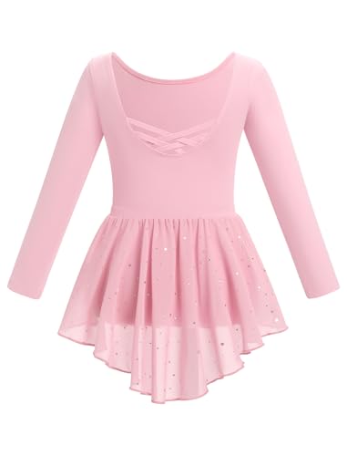 Odizli Ballettkleidung Mädchen Kinder Baumwolle Langarm Turnanzug Gymnastikanzug Tanzbody + Chiffon Glitzer Pailletten Tütü Rock Ballettanzug Tanzkleid Rosa 9-10 Jahre von Odizli