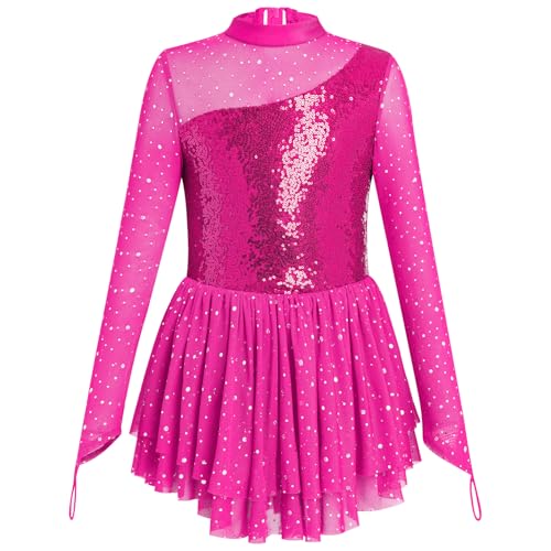 Odizli Ballettkleidung Mädchen Kinder Langarm Glitzer Pailletten Turnanzug Gymnastikanzug Ballett Mesh Tütü Ballettkleid Kürkleider Tanzkleid Ballerina Eiskunstlauf Kleider Rosenrot 11-12 Jahre von Odizli
