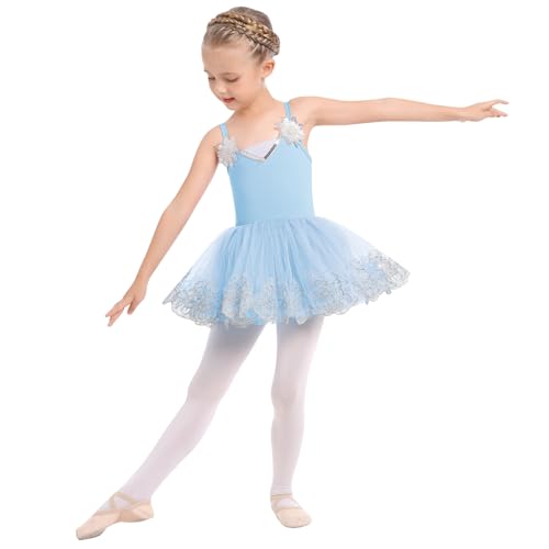 Odizli Ballettkleidung Mädchen Kinder Spaghetti V-Ausschnitt Pailletten Blume Ballettkleid Tanzbody Turnanzug Tüllkleid Tutu Tanzkleid Gymnastikanzug Ballettanzug Ballerina Kleid Blau 11-12 Jahre von Odizli