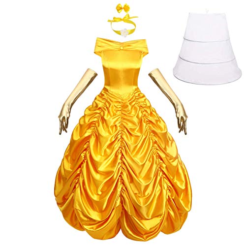 Odizli Belle Kostüm Damen Erwachsene Prinzessin Lange Kleid mit Handschuhe Halloween Weihnachten Karneval Cosplay Party Verkleidung Costume Gelb M von Odizli