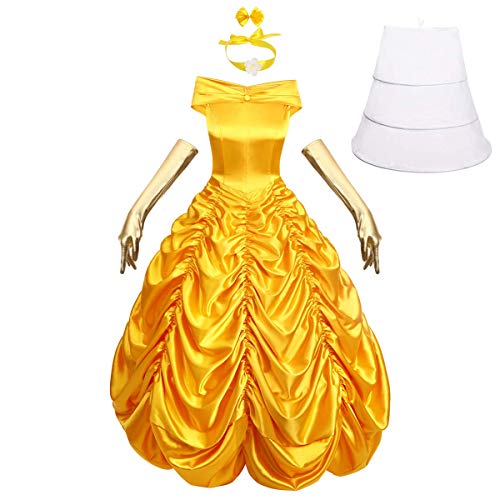 Odizli Belle Kostüm Damen Erwachsene Prinzessin Lange Kleid mit Handschuhe Halloween Weihnachten Karneval Cosplay Party Verkleidung Costume Gelb XL von Odizli