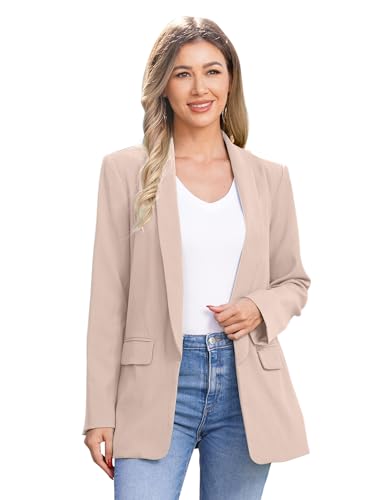 Odizli Blazer Damen Elegant Sportlich Jackett Lang Blaser Jacke Sweatblazer Sommer Leicht Jersey Oversize Longblazer mit Tasche Langarm Casual Cardigan Business Anzug Aprikose L von Odizli