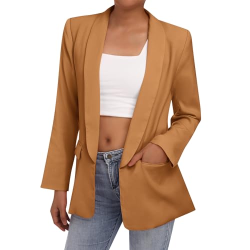 Odizli Blazer Damen Elegant Sportlich Jackett Lang Blaser Jacke Sweatblazer Sommer Leicht Jersey Oversize Longblazer mit Tasche Langarm Casual Cardigan Business Anzug Braun L von Odizli