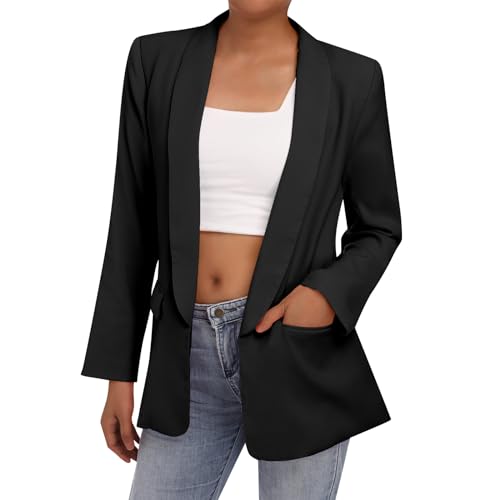 Odizli Blazer Damen Elegant Sportlich Jackett Lang Blaser Jacke Sweatblazer Sommer Leicht Jersey Oversize Longblazer mit Tasche Langarm Casual Cardigan Business Anzug Schwarz S von Odizli