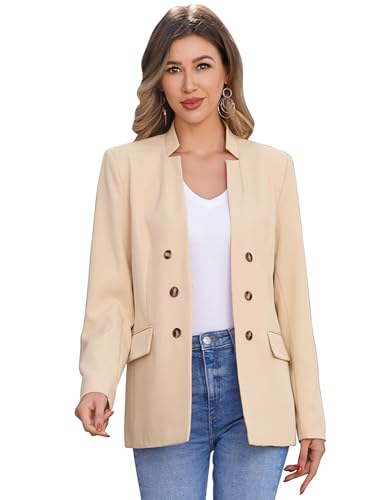 Odizli Blazer Damen Elegant Sportlich Jackett Stehkragen Knopf Lang Blaser Jacke Sweatblazer Sommer Leicht Jersey Oversize Longblazer mit Tasche Langarm Casual Cardigan Business Anzug Khaki L von Odizli