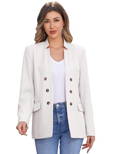 Odizli Blazer Damen Elegant Sportlich Jackett Stehkragen Knopf Lang Blaser Jacke Sweatblazer Sommer Leicht Jersey Oversize Longblazer mit Tasche Langarm Casual Cardigan Business Anzug Weiß M von Odizli