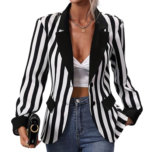 Odizli Blazer Damen Elegant Sportlich Langarm Gestreifte Jackett Lang Blaser Jacke Sweatblazer Jersey Oversize Longblazer Halloween Karneval Fasching Cardigan Anzug Faschingskost�me Schwarz Wei� S von Odizli