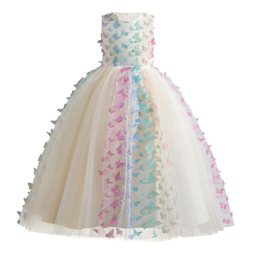 Odizli Blumenmädchenkleid Kinder Mädchen Ärmellos Schmetterling A-Linie Prinzessin Kleid Tüllkleid Festliche Hochzeit Erstkommunion Geburtstag Party Lang Abendkleid Ballkleid Champagner 5-6 Jahre von Odizli
