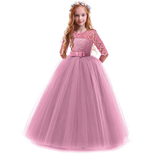 Blumenmädchenkleider Kinder Mädchen 3/4 Ärmel Spitze Tüllkleid Prinzessin Kleid Festlich Hochzeit Brautjungfer Erstkommunion Geburtstag Party Abendkleid Lang Ballkleid Bohnenrosa 5-6 Jahre von Odizli