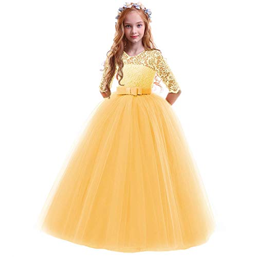 Blumenmädchenkleider Kinder Mädchen 3/4 Ärmel Spitze Tüllkleid Prinzessin Kleid Festlich Hochzeit Brautjungfer Erstkommunion Geburtstag Party Abendkleid Lang Ballkleid Gelb 11-12 Jahre von Odizli
