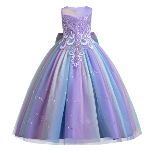 Odizli Blumenmädchenkleider Kinder Mädchen Ärmellos Glitzer Pailletten Prinzessin Kleid Tüllkleid Festliche Hochzeit Erstkommunion Kommunionkleid Lang Ballkleid Abendkleid Regenbogen Lila 9-10 Jahre von Odizli