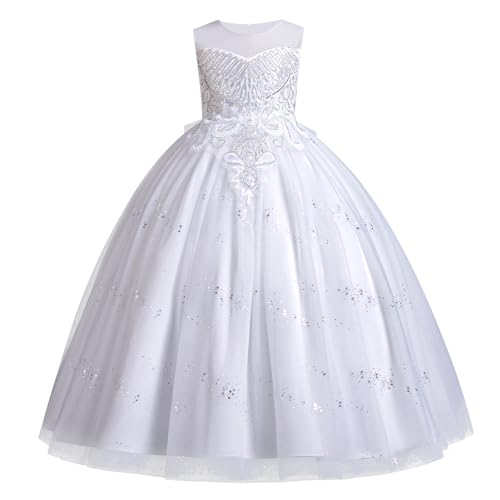 Odizli Blumenmädchenkleider Kinder Mädchen Ärmellos Glitzer Pailletten Prinzessin Kleid Tüllkleid Festliche Hochzeit Erstkommunion Kommunionkleid Lang Ballkleid Abendkleid Weiß 5-6 Jahre von Odizli
