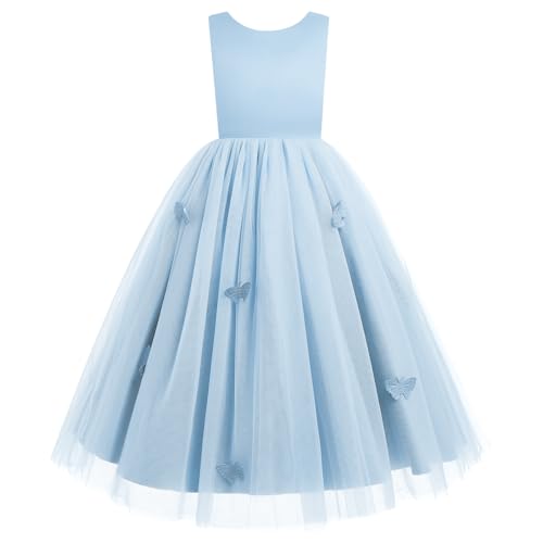 Odizli Blumenmädchenkleider Kinder Mädchen Ärmellos Schmetterling Prinzessin Tüllkleid Blumenmädchen Kleid Festliche Hochzeit Erstkommunion Kommunionkleid Lang Ballkleid Abendkleid Blau 3-4 Jahre von Odizli