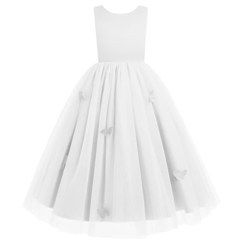 Odizli Blumenmädchenkleider Kinder Mädchen Ärmellos Schmetterling Prinzessin Tüllkleid Blumenmädchen Kleid Festliche Hochzeit Erstkommunion Kommunionkleid Lang Ballkleid Abendkleid Weiß 11-12 Jahre von Odizli