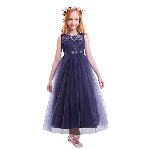 Odizli Blumenmädchenkleider Kinder Mädchen Ärmellos Spitze Tüllkleid Prinzessin Kleid Festlich Hochzeit Kommunionkleid Erstkommunion Geburtstag Party Abendkleid Lang Ballkleid Dunkelblau 12-13 Jahre von Odizli