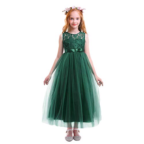 Odizli Blumenmädchenkleider Kinder Mädchen Ärmellos Spitze Tüllkleid Prinzessin Kleid Festlich Hochzeit Kommunionkleid Erstkommunion Geburtstag Party Abendkleid Lang Ballkleid Dunkelgrün 12-13 Jahre von Odizli
